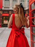 Vestido de fiesta de satén con corte A/princesa, cuadrado, con lazo, sin mangas, largo hasta la rodilla