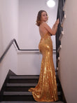 Vestido de fiesta de noche con escote tubo/columna, lentejuelas, tirantes finos, sin mangas, cola larga