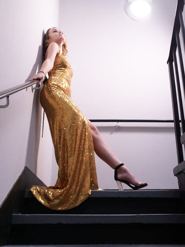 Vestido de fiesta de noche con escote tubo/columna, lentejuelas, tirantes finos, sin mangas, cola larga