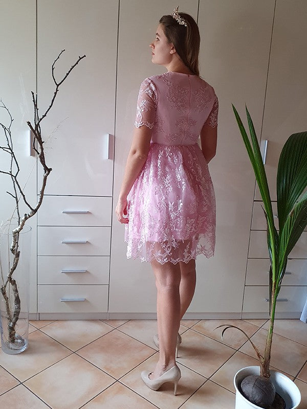 A-Linie/Princess-Linie Kurze Ärmel Organza Sheer Neck Applikationen Kurz/Mini Homecoming Kleider Cocktailkleid