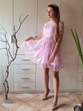 A-Linie/Princess-Linie Kurze Ärmel Organza Sheer Neck Applikationen Kurz/Mini Homecoming Kleider Cocktailkleid