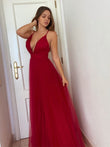 A-Line/Princess Tulle Sleeveless Ruffles V-neck Floor-Length Dresses Prom Evening Dress