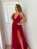 A-Line/Princess Tulle Sleeveless Ruffles V-neck Floor-Length Dresses Prom Evening Dress