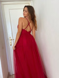 A-Line/Princess Tulle Sleeveless Ruffles V-neck Floor-Length Dresses Prom Evening Dress
