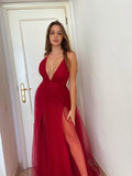 A-Line/Princess Tulle Sleeveless Ruffles V-neck Floor-Length Dresses Prom Evening Dress