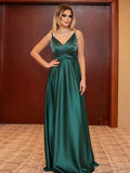 Vestido de noche de graduación con corte A/princesa, volantes, escote en V, sin mangas, satén imitación seda, largo hasta el suelo