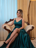 Vestido de noche de graduación con corte A/princesa, volantes, escote en V, sin mangas, satén imitación seda, largo hasta el suelo
