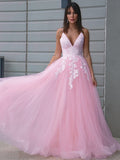 Vestido de noche de fiesta de corte A/princesa de tul con escote en V y apliques sin mangas hasta el suelo