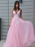 Vestido de noche de fiesta de corte A/princesa de tul con escote en V y apliques sin mangas hasta el suelo