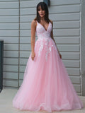 Vestido de noche de fiesta de corte A/princesa de tul con escote en V y apliques sin mangas hasta el suelo