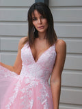 Vestido de noche de fiesta de corte A/princesa de tul con escote en V y apliques sin mangas hasta el suelo