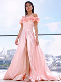 Vestido de noche de graduación de satén, corte A/princesa, sin mangas, hombros descubiertos, flores hechas a mano, cola larga