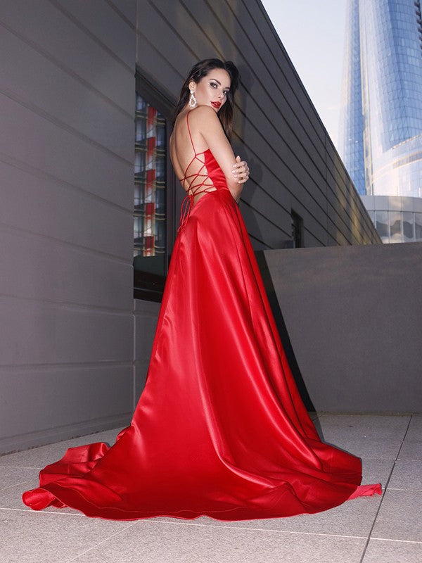 Vestido de noche de graduación con corte A/princesa, satén, volantes, escote en V, sin mangas, cola larga