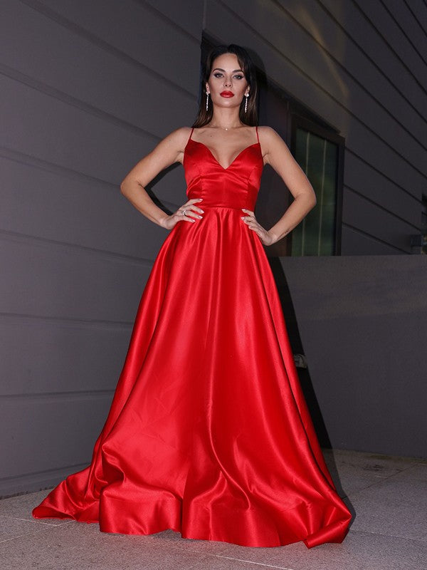 Vestido de noche de graduación con corte A/princesa, satén, volantes, escote en V, sin mangas, cola larga