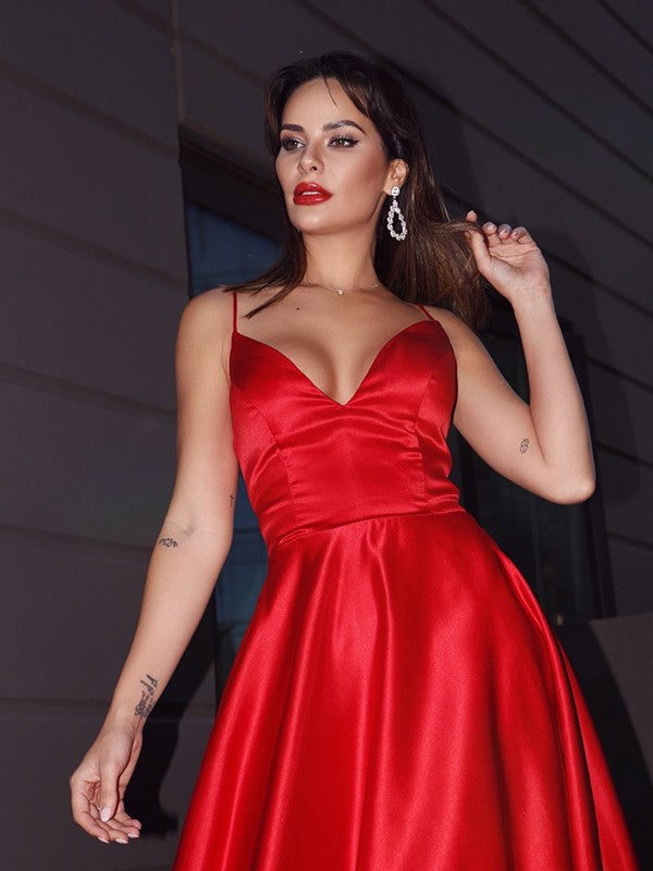 Vestido de noche de graduación con corte A/princesa, satén, volantes, escote en V, sin mangas, cola larga