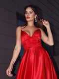 Vestido de noche de graduación con corte A/princesa, satén, volantes, escote en V, sin mangas, cola larga