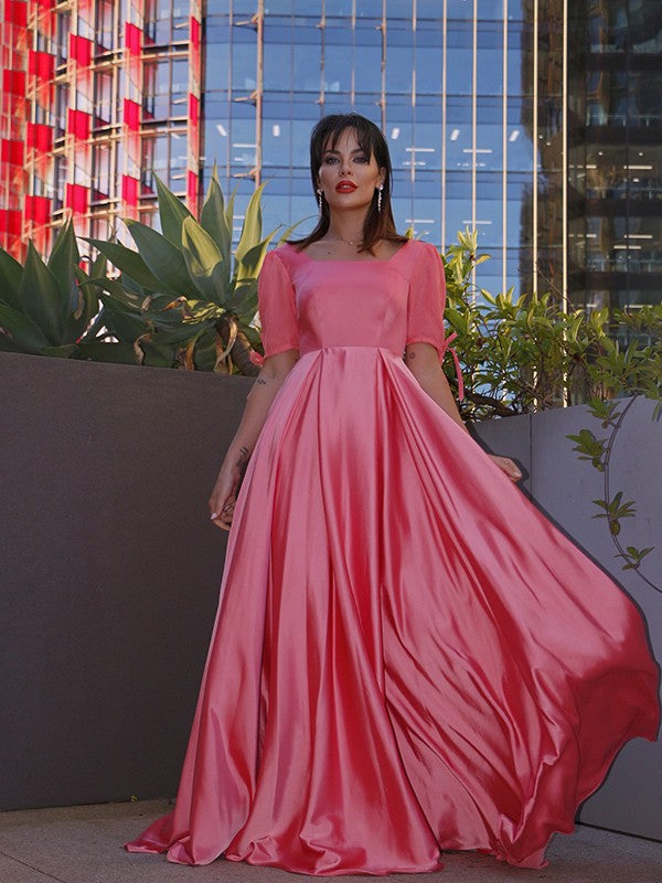 Vestido de noche de graduación con corte A/Princesa, mangas 1/2, satén imitación seda, volantes y largo hasta el suelo