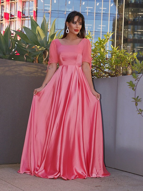 Vestido de noche de graduación con corte A/Princesa, mangas 1/2, satén imitación seda, volantes y largo hasta el suelo