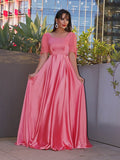 Vestido de noche de graduación con corte A/Princesa, mangas 1/2, satén imitación seda, volantes y largo hasta el suelo