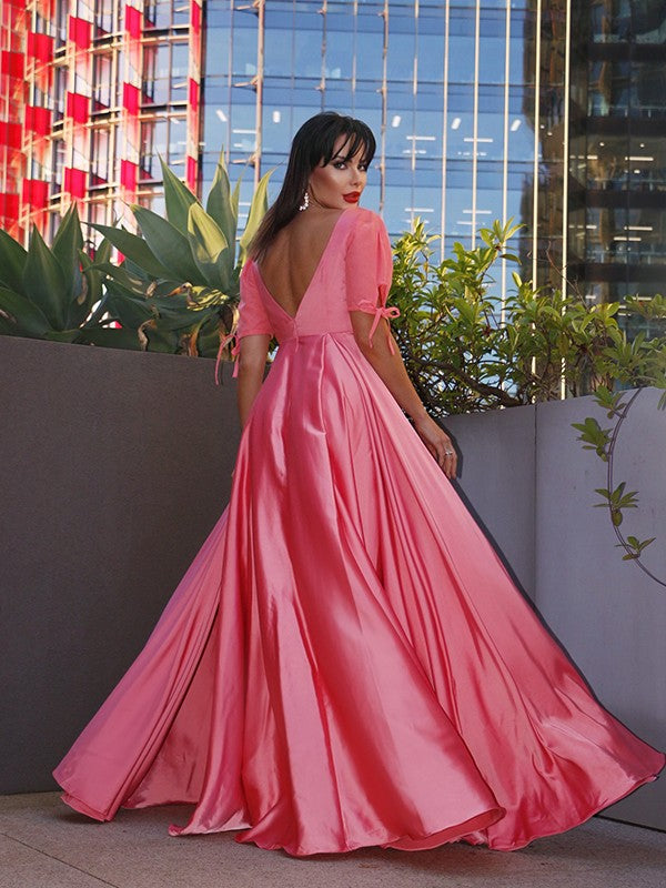 Vestido de noche de graduación con corte A/Princesa, mangas 1/2, satén imitación seda, volantes y largo hasta el suelo