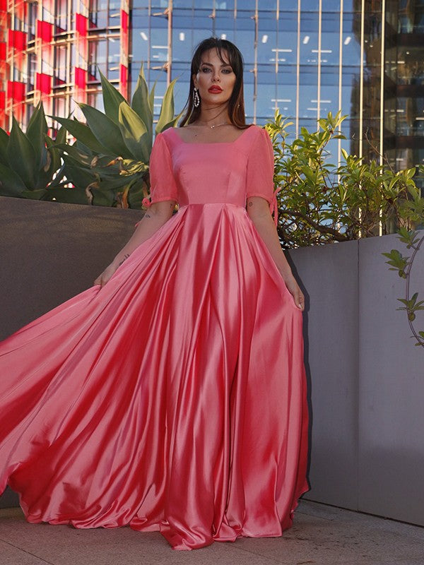 Vestido de noche de graduación con corte A/Princesa, mangas 1/2, satén imitación seda, volantes y largo hasta el suelo