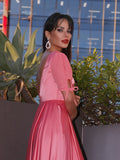 Vestido de noche de graduación con corte A/Princesa, mangas 1/2, satén imitación seda, volantes y largo hasta el suelo