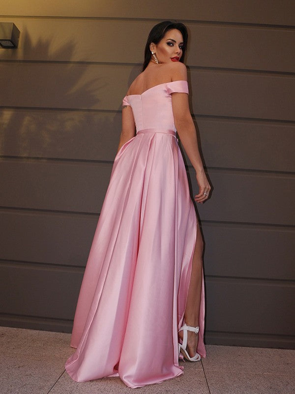 Vestido de noche de graduación con corte A/princesa, sin mangas, con volantes, charmeuse y cola larga