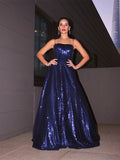 Vestido de noche de graduación con lentejuelas, tirantes finos, volantes, sin mangas y largo hasta el suelo