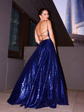 Vestido de noche de graduación con lentejuelas, tirantes finos, volantes, sin mangas y largo hasta el suelo