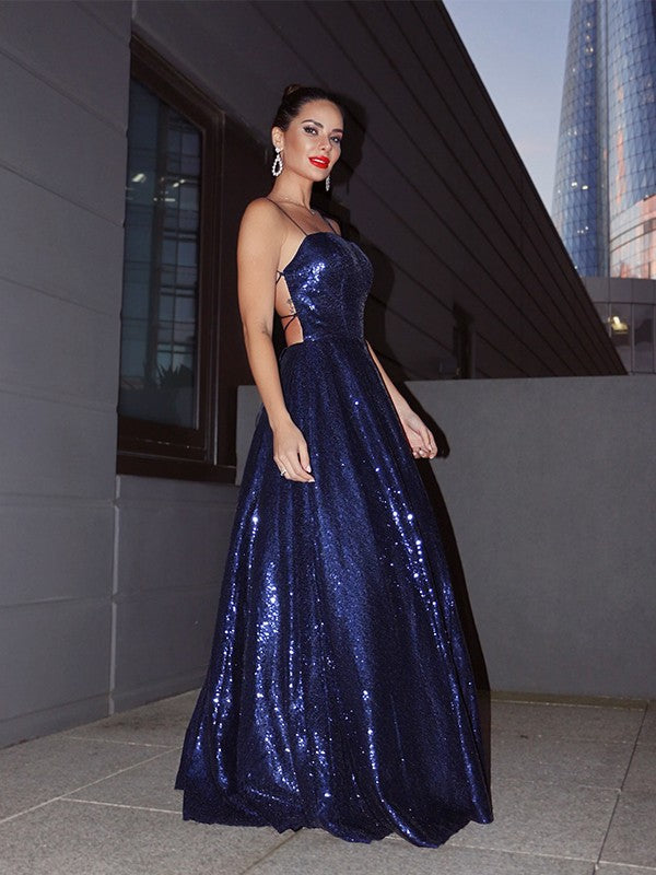 Vestido de noche de graduación con lentejuelas, tirantes finos, volantes, sin mangas y largo hasta el suelo