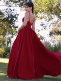 Vestido de noche de graduación con corte A/princesa, escote en V, volantes, sin mangas y cola larga