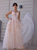 Vestido de noche de fiesta con corte A/princesa, de tul, con apliques, escote redondo, sin mangas y cola larga