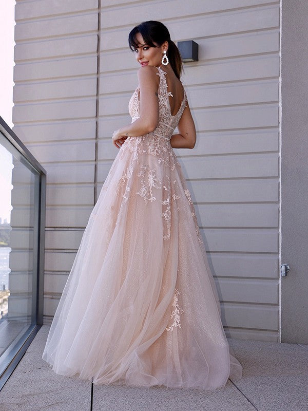Vestido de noche de fiesta con corte A/princesa, de tul, con apliques, escote redondo, sin mangas y cola larga
