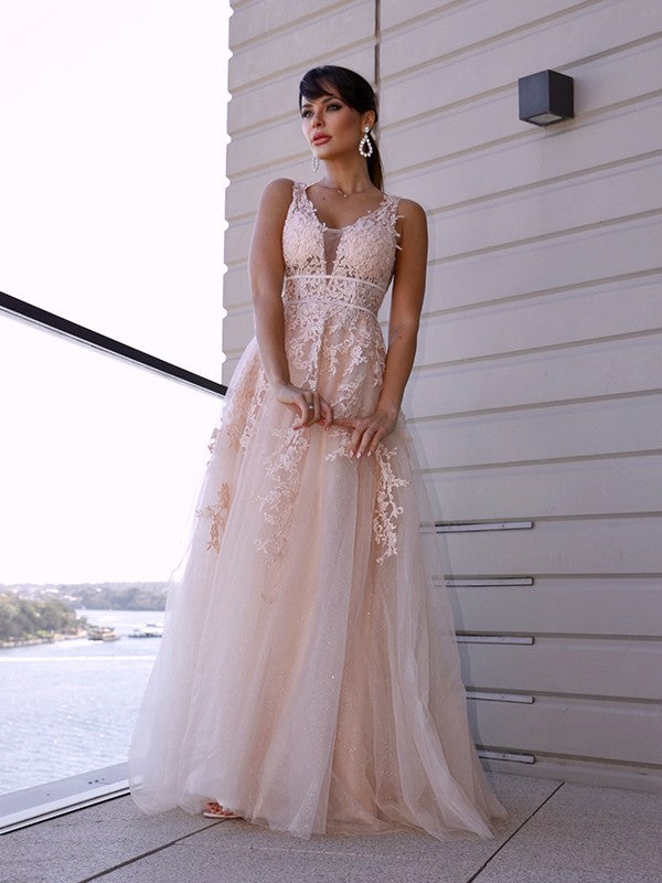 Vestido de noche de fiesta con corte A/princesa, de tul, con apliques, escote redondo, sin mangas y cola larga