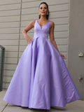 Vestido de noche de graduación de corte A/princesa, de satén, con volantes, escote en V, sin mangas y largo hasta el suelo