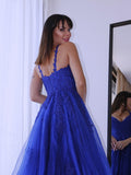 Vestido de noche de fiesta de corte A/princesa de tul con escote en V, sin mangas, con apliques y cola larga