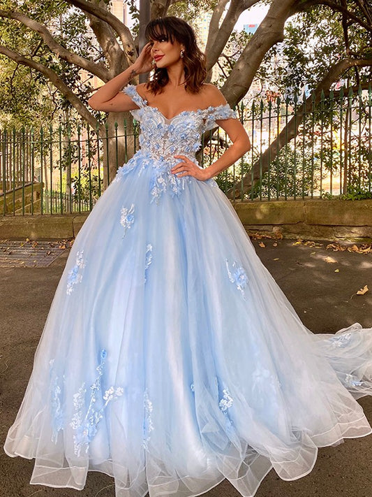 Vestido de fiesta de tul con apliques, hombros descubiertos, sin mangas, con cola larga, para baile de graduación, quinceañera