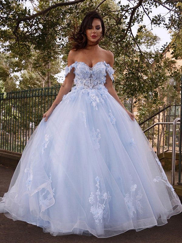 Ballkleid Tüll Applikationen Off-the-Shoulder Ärmellos Sweep/Pinsel Schleppe Kleider Ballkleider Quinceanera Kleid