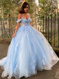 Ballkleid Tüll Applikationen Off-the-Shoulder Ärmellos Sweep/Pinsel Schleppe Kleider Ballkleider Quinceanera Kleid