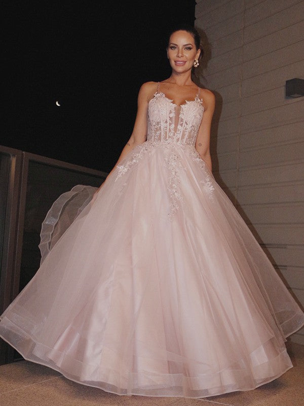 Vestido de noche de fiesta con corte A/princesa, apliques, tirantes finos, sin mangas, de tul, largo hasta el suelo