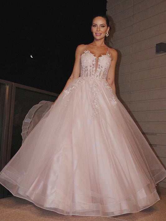 Vestido de noche de fiesta con corte A/princesa, apliques, tirantes finos, sin mangas, de tul, largo hasta el suelo