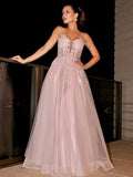 Vestido de noche de fiesta con corte A/princesa, apliques, tirantes finos, sin mangas, de tul, largo hasta el suelo