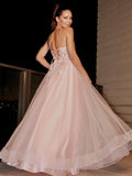 Vestido de noche de fiesta con corte A/princesa, apliques, tirantes finos, sin mangas, de tul, largo hasta el suelo