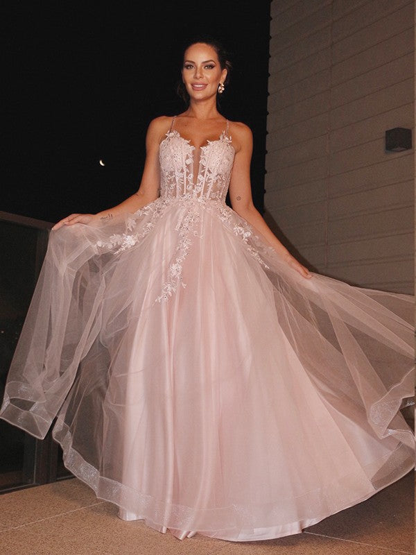 Vestido de noche de fiesta con corte A/princesa, apliques, tirantes finos, sin mangas, de tul, largo hasta el suelo