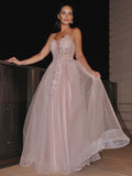 Vestido de noche de fiesta con corte A/princesa, apliques, tirantes finos, sin mangas, de tul, largo hasta el suelo