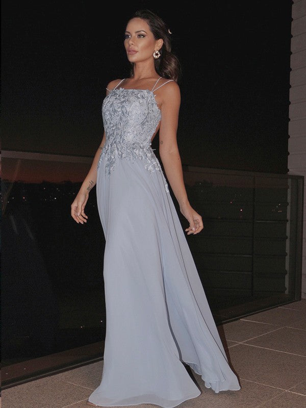 Vestido de noche de graduación con corte A/princesa, de gasa, con apliques cuadrados, sin mangas y largo hasta el suelo