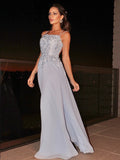 Vestido de noche de graduación con corte A/princesa, de gasa, con apliques cuadrados, sin mangas y largo hasta el suelo