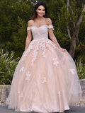 Vestido de noche de graduación con corte A/princesa, apliques de tul, hombros descubiertos, sin mangas y largo hasta el suelo
