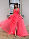 Vestido de noche de fiesta con corte A/princesa, tul, volantes, escote en V, sin mangas, cola larga