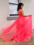 Vestido de noche de fiesta con corte A/princesa, tul, volantes, escote en V, sin mangas, cola larga
